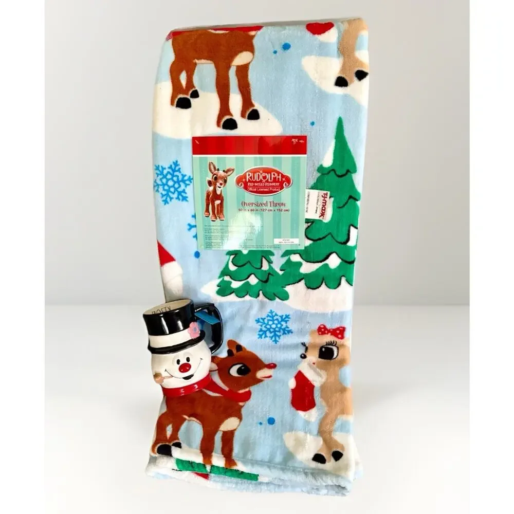 Rae Dunn FROSTY MUG Rudolph Clarisse Reindeer PLUSH THROW Farmhouse Classic NWT